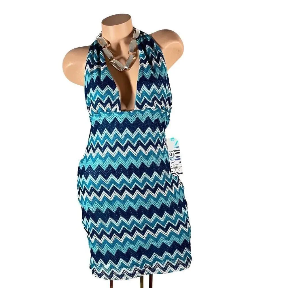 NWT Almost famous Sz L Teal White Chevron Backless Cleavage Sexy Fun mini dress